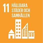 Agenda 2030, Mål 11, hållbara städer och samhällen. Orange bakgrund med vita husbyggnader. 