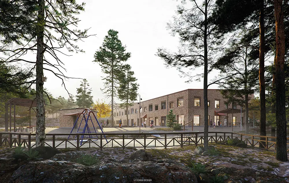 Arkitektskiss över nya Norra Hallsås skola.