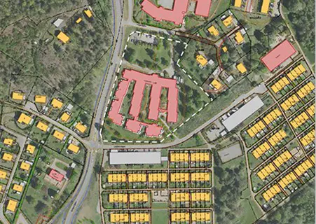 Flygfoto av planområdet för Höjdenhemmet.