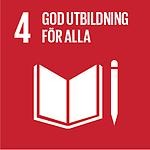 Agenda 2030, Mål 4, god utbildning för alla. Röd bakgrund, vit bok och penna.