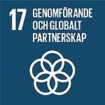Agenda 2030, Mål 17, genomförande och globalt partnerskap. Mörkblå bakgrund, med vita sammansatta ringar som överlappar varandra. 