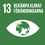 Agenda 2030, Mål 13, bekämpa klimatförändringarna. Grön bakgrund med ett vitt öga, där irisen är en grön jordglob. 