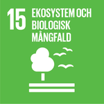 Agenda 2030, Mål 15, ekosystem och biologisk mångfald. Ljusgrön bakgrund och vita fåglar, ett träd med vita streck under. 