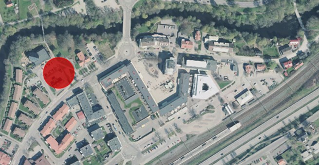 Illustration som visar området i detaljplanen för bostäder väster om Tingshuset
