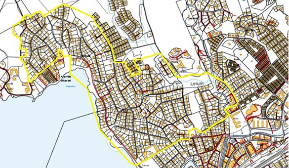 Kartillustration av plangräns över områdesbestämmelser för Aspenäs Villastad med omnejd