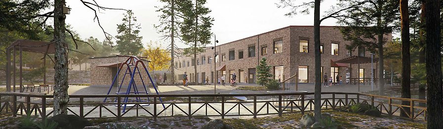 Fasadskiss för ny skola i Norra Hallsås. Illustration: Kaminsky arkitektur