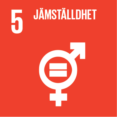 Agenda 2030, Mål 5, jämställdhet. Röd bakgrund och symbol för manligt och kvinnligt. 