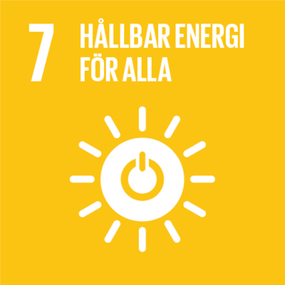 Agenda 2030, Mål 7, hållbar energi för alla. Gul bakgrund och vit symbol för sol med en gul ring i. 