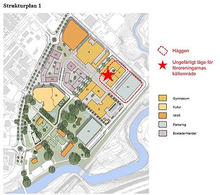 Strukturplan som pekar ut platsen där
Häggen ligger idag som en yta för parkeringsgarage och skolbyggnad.