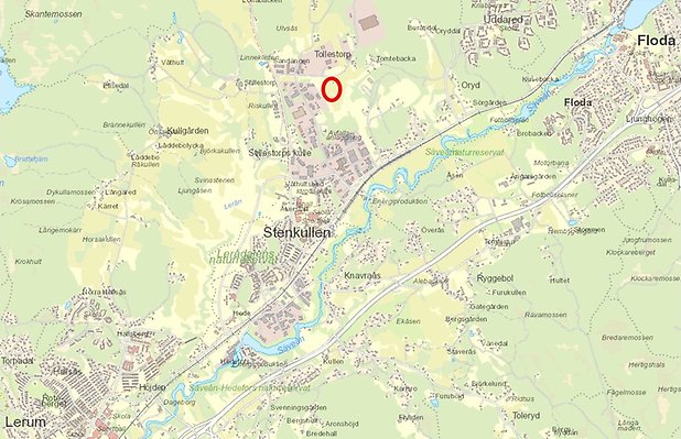 En karta över delar av Lerums kommun. Röd ring visar placering av ny kretsloppspark i Stenkullen.