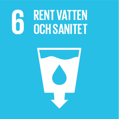 Agenda 2030, Mål 6, rent vatten. Ljusblå bakgrund med vit symbol för glas med en ljusblå vattendroppe i. 