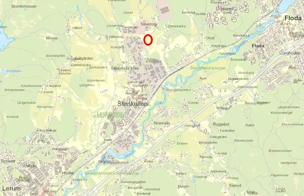 En karta över delar av Lerums kommun. Röd ring visar placering av ny kretsloppspark i Stenkullen.
