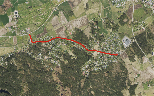 Karta och ortofoto som visar detaljplanens sträcka på Olstorpsvägen.