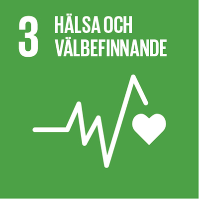 Agenda 2030. Mål 3, Hälsa och välbefinnande. Grön bakgrund med vitt hjärta och diagramstreck. 