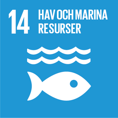 Agenda 2030, Mål 14, hav och marina resurser. Ljusblå bakgrund med vit fisk och vågiga vita streck. 